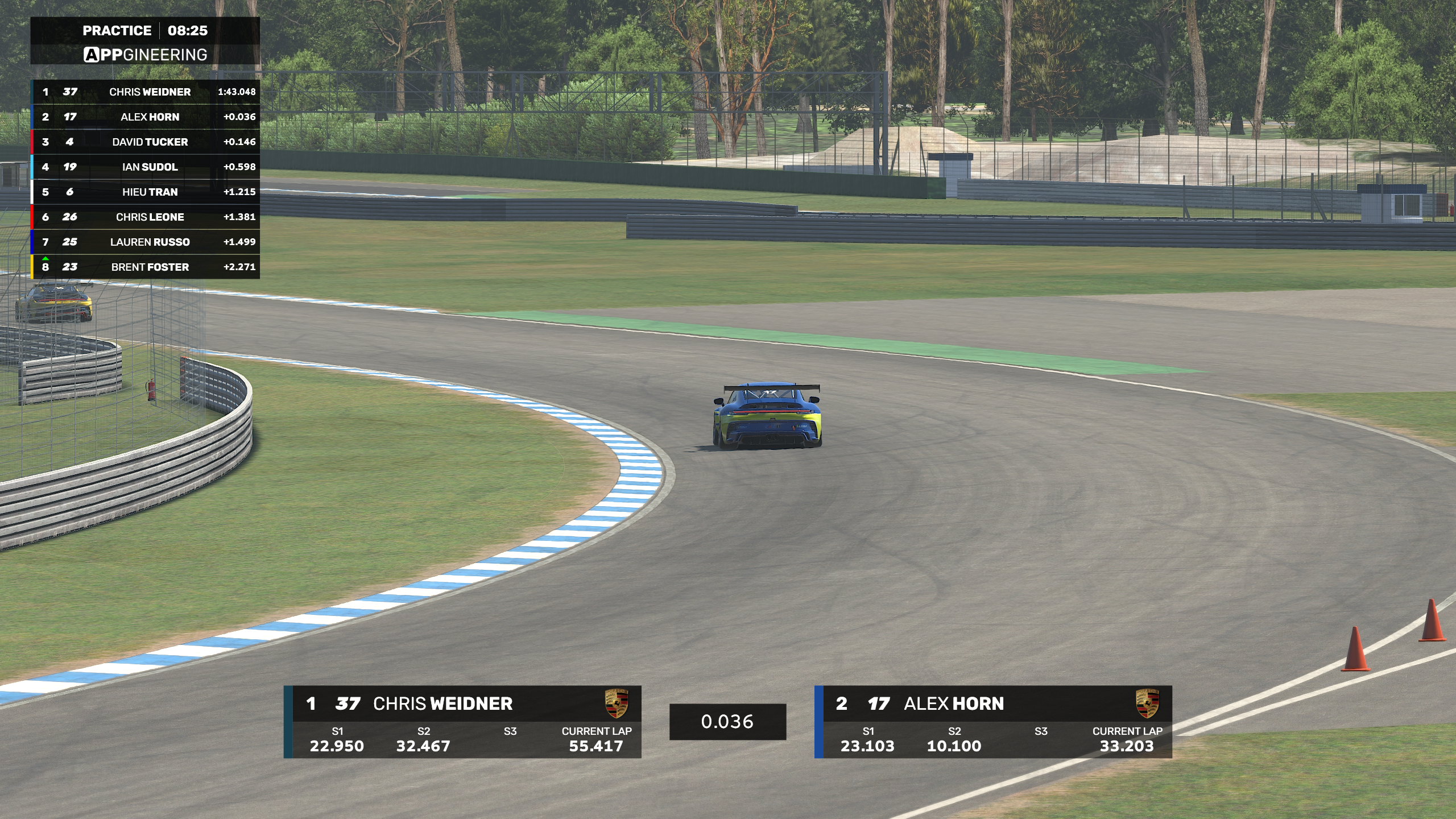 ATVO Theme 2023 broadcast overlay running live on iRacing — timing tower, driver name strips and sector splits over a Porsche Cup race.